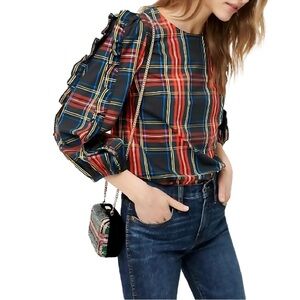 J. Crew XXS Multicolor Plaid Top with Ruffle Sleeves